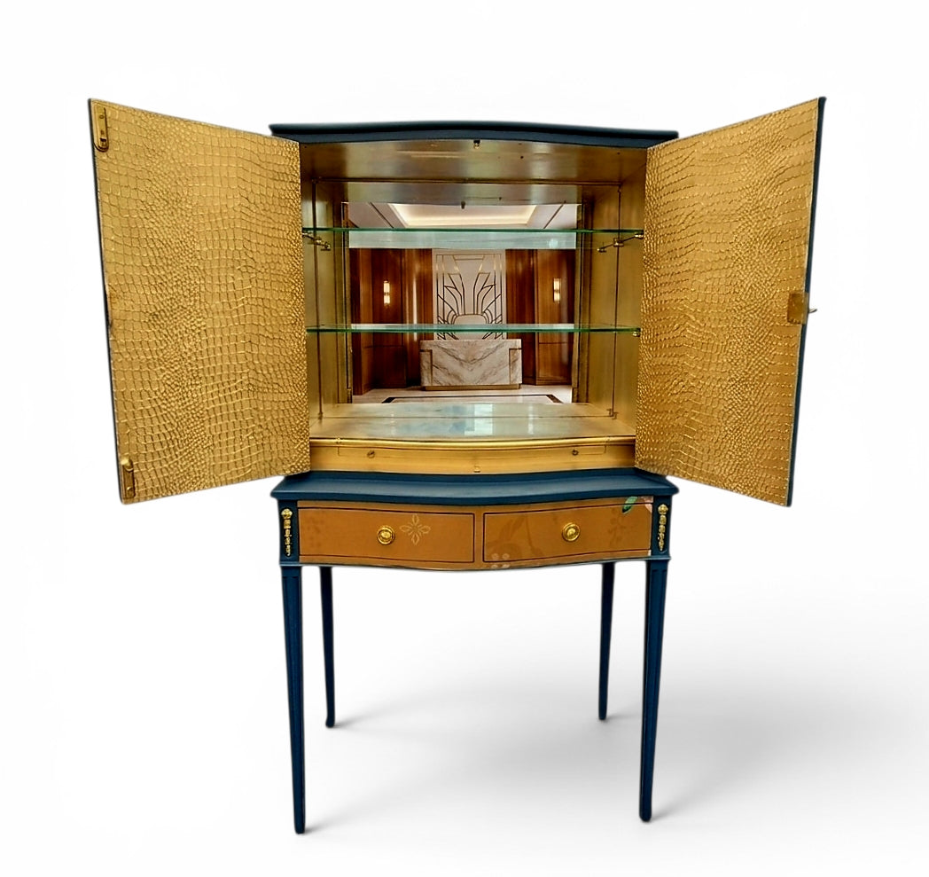 Luxury Upcycled Vintage Cocktail Cabinet with Gold Metallic Trailing Orchid Decoupage