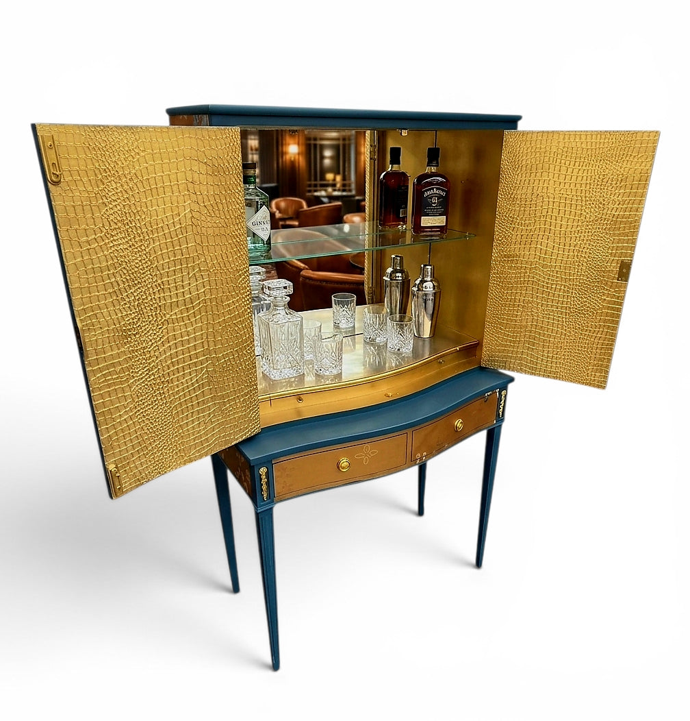 Luxury Upcycled Vintage Cocktail Cabinet with Gold Metallic Trailing Orchid Decoupage