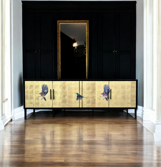Luxury Mid Century G-Plan Sideboard/ TV Unit / Record Cabinet  with Metallic Gold Leaf Chinoiserie Decoupage
