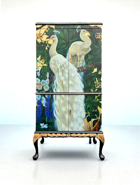 Stunning Upcycled Vintage Cocktail Cabinet Gold Peacock with Chinoiserie Decoupage and Gold Interior