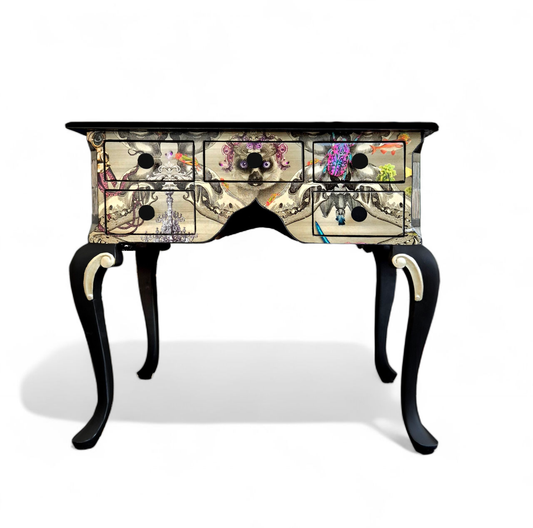 Luxury Upcycled Hall Console Side Table Santorus Decoupage,  Glass Top & Pink Neon Interior