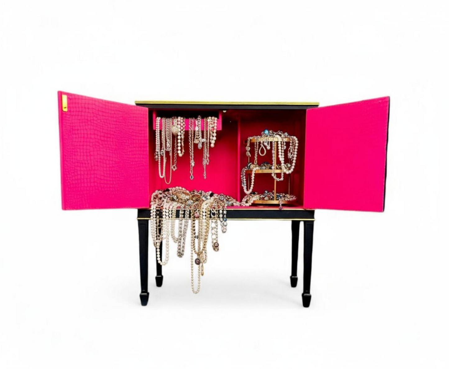 Stunning Upcycled Vintage Cocktail / Jewellery /Make up Cabinet with Masked Lady & Neon PInk