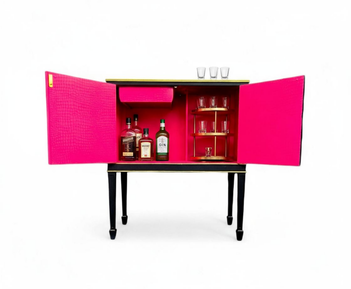 Stunning Upcycled Vintage Cocktail / Jewellery /Make up Cabinet with Masked Lady & Neon PInk