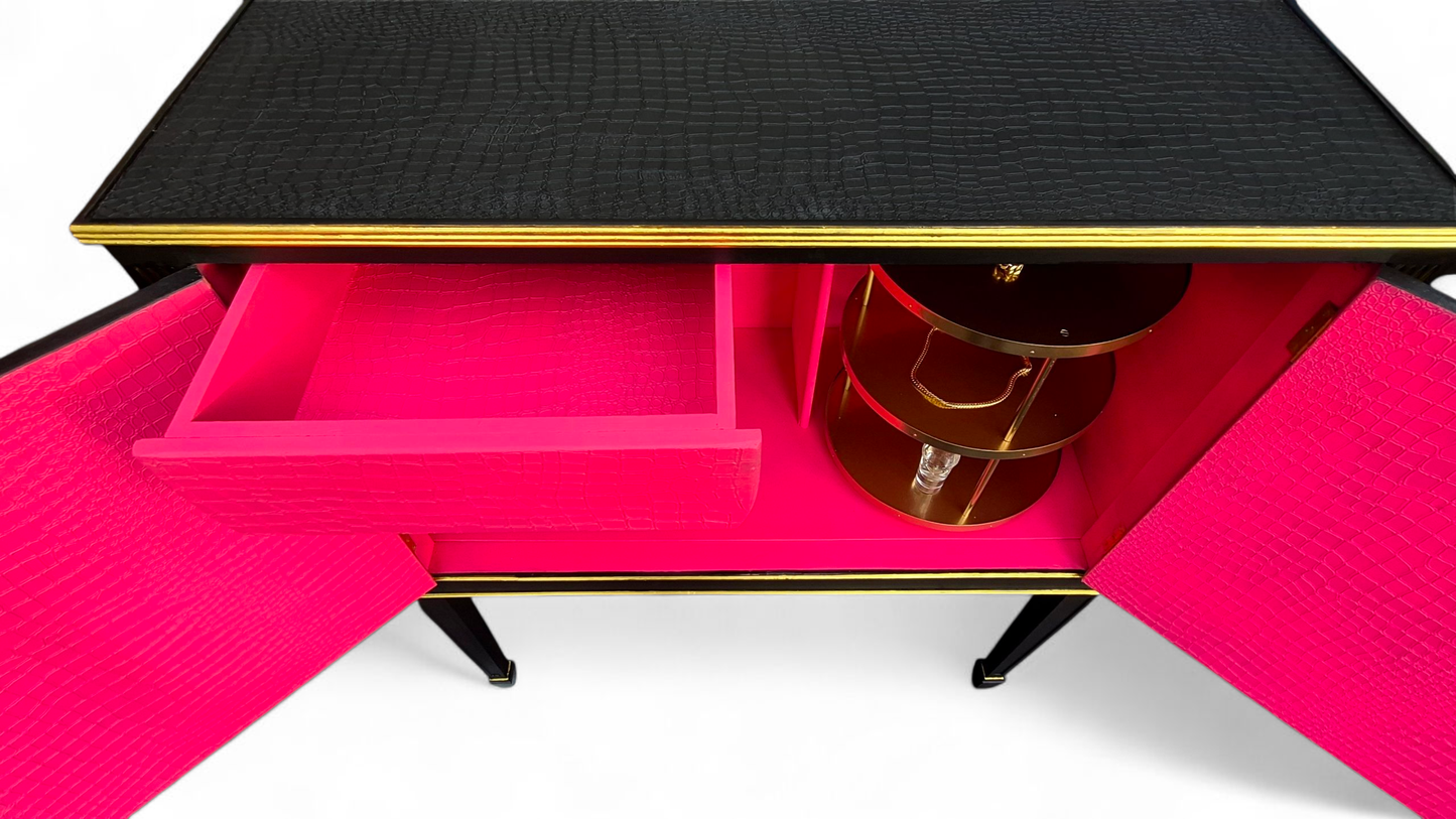 Stunning Upcycled Vintage Cocktail / Jewellery /Make up Cabinet with Masked Lady & Neon PInk