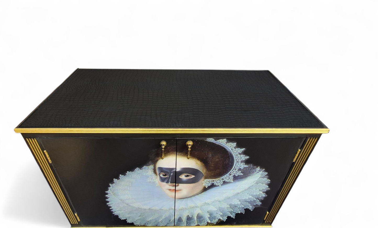 Stunning Upcycled Vintage Cocktail / Jewellery /Make up Cabinet with Masked Lady & Neon PInk
