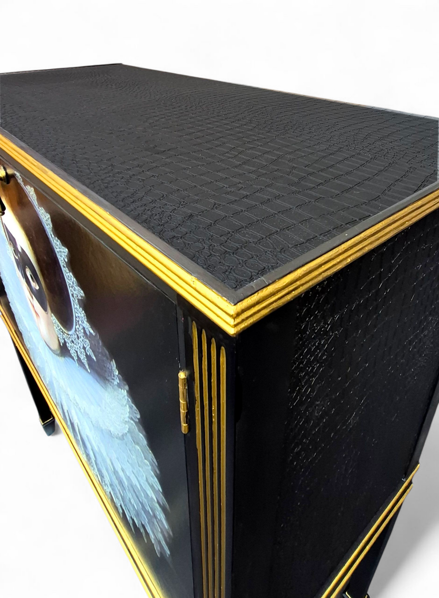 Stunning Upcycled Vintage Cocktail / Jewellery /Make up Cabinet with Masked Lady & Neon PInk