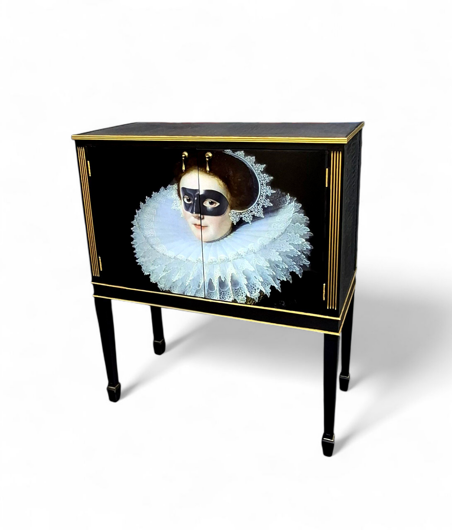 Stunning Upcycled Vintage Cocktail / Jewellery /Make up Cabinet with Masked Lady & Neon PInk