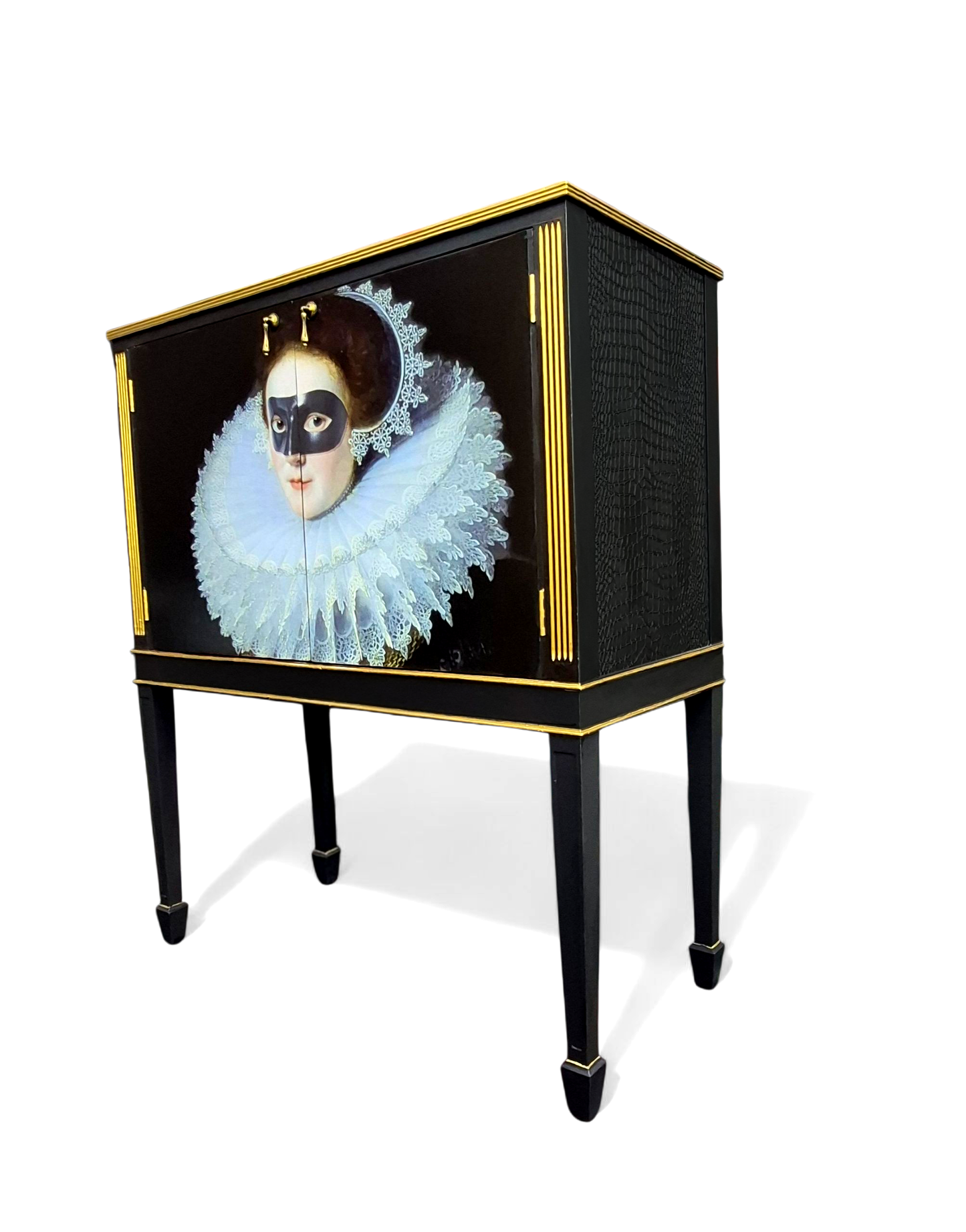 Stunning Upcycled Vintage Cocktail / Jewellery /Make up Cabinet with Masked Lady & Neon PInk