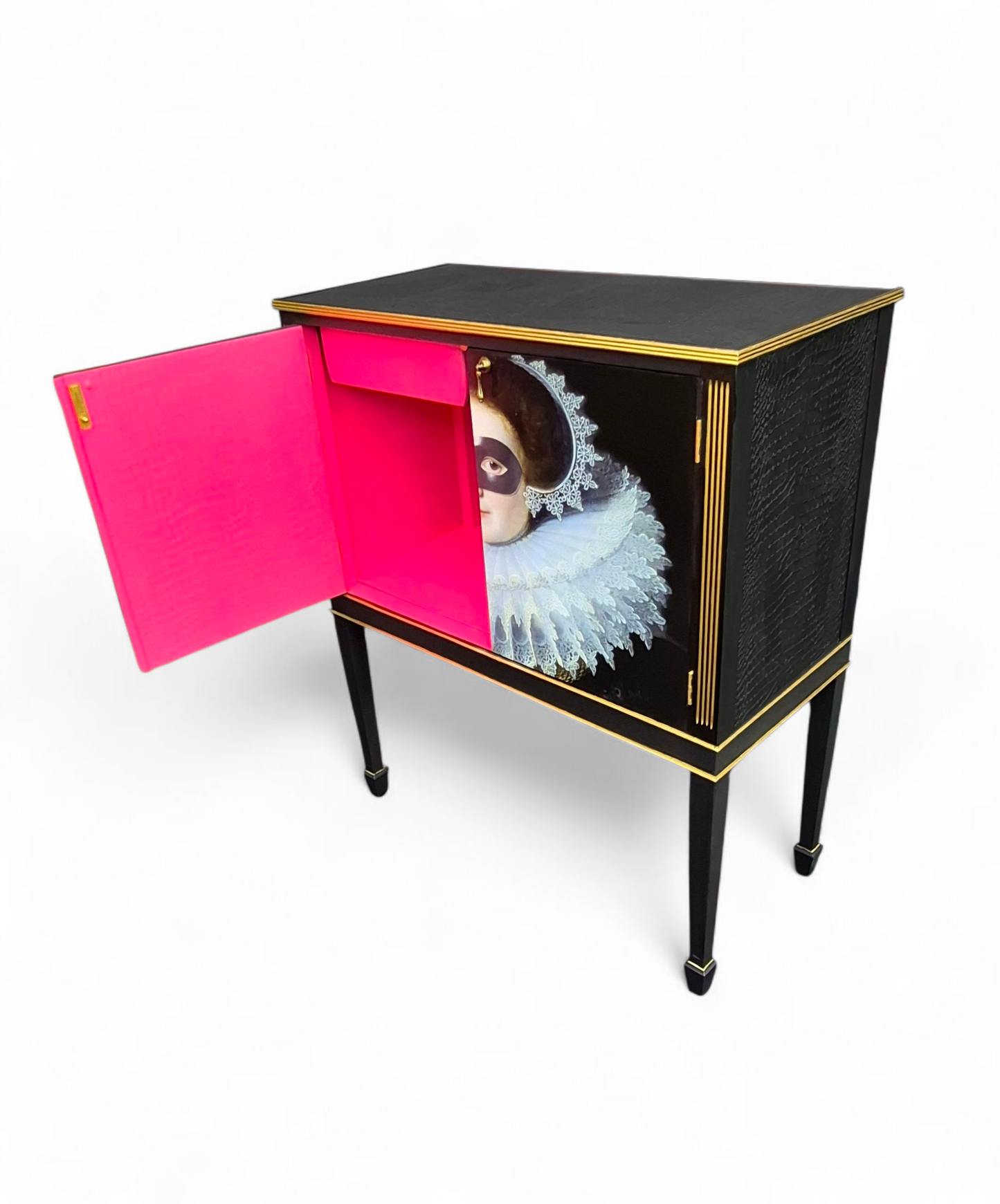 Stunning Upcycled Vintage Cocktail / Jewellery /Make up Cabinet with Masked Lady & Neon PInk