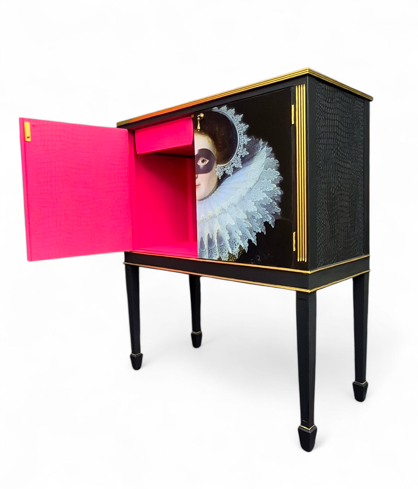 Stunning Upcycled Vintage Cocktail / Jewellery /Make up Cabinet with Masked Lady & Neon PInk