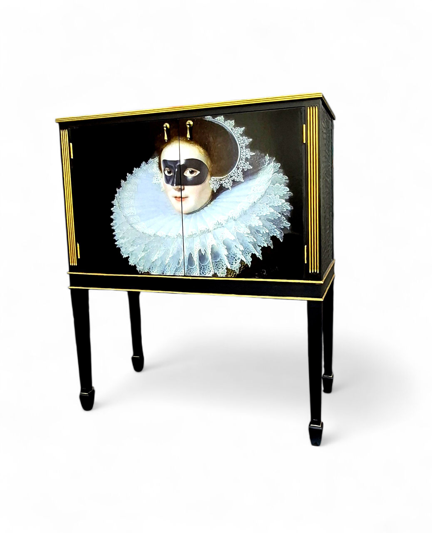Stunning Upcycled Vintage Cocktail / Jewellery /Make up Cabinet with Masked Lady & Neon PInk