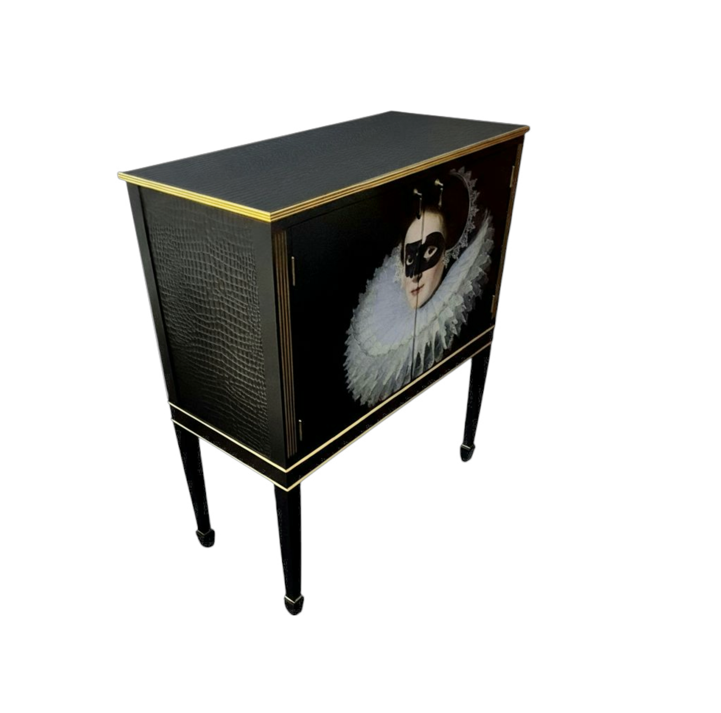 Stunning Upcycled Vintage Cocktail / Jewellery /Make up Cabinet with Masked Lady & Neon PInk