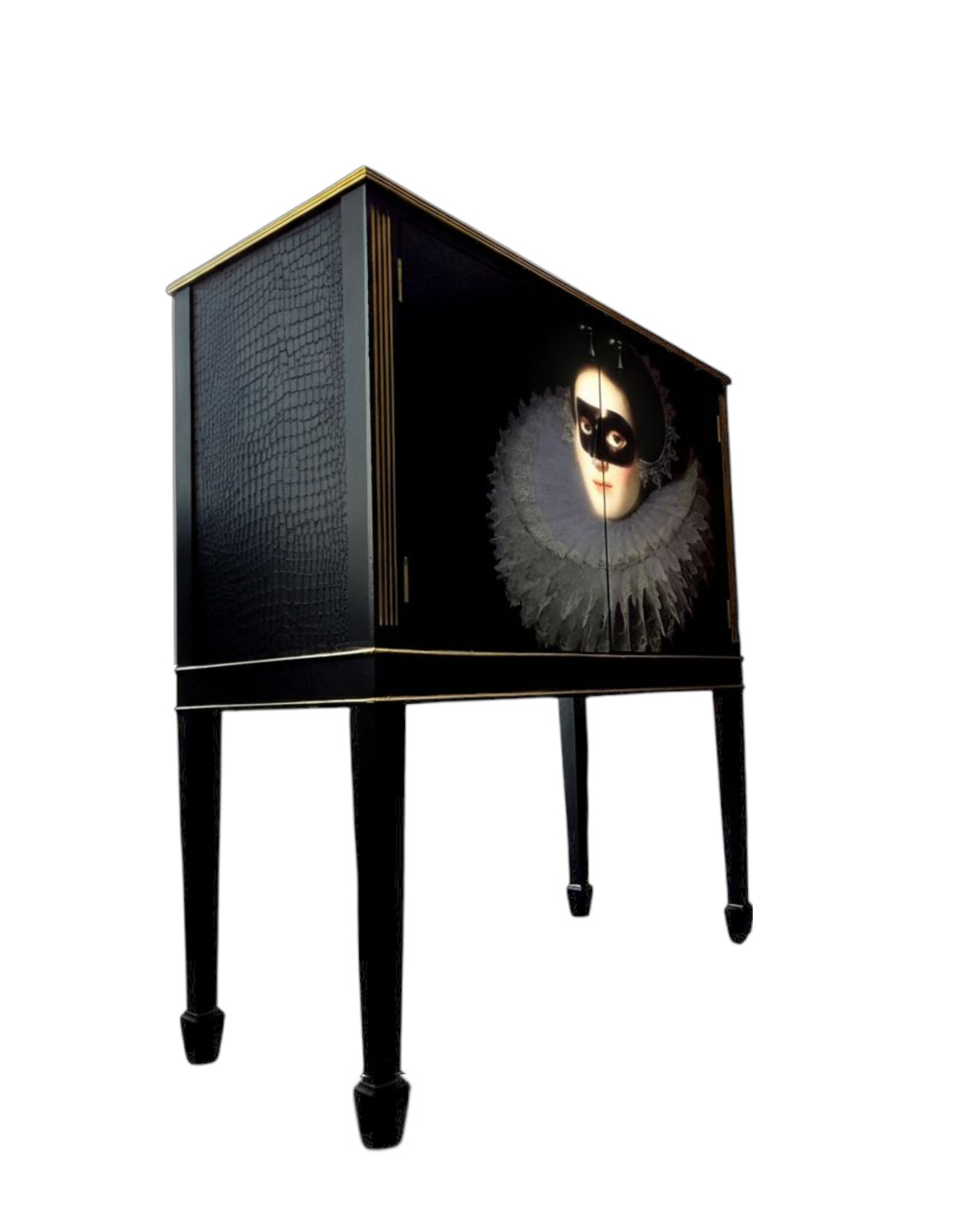 Stunning Upcycled Vintage Cocktail / Jewellery /Make up Cabinet with Masked Lady & Neon PInk