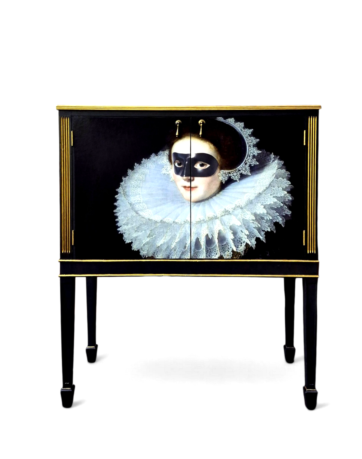 Stunning Upcycled Vintage Cocktail / Jewellery /Make up Cabinet with Masked Lady & Neon PInk