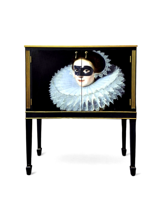 Stunning Upcycled Vintage Cocktail / Jewellery /Make up Cabinet with Masked Lady & Neon PInk