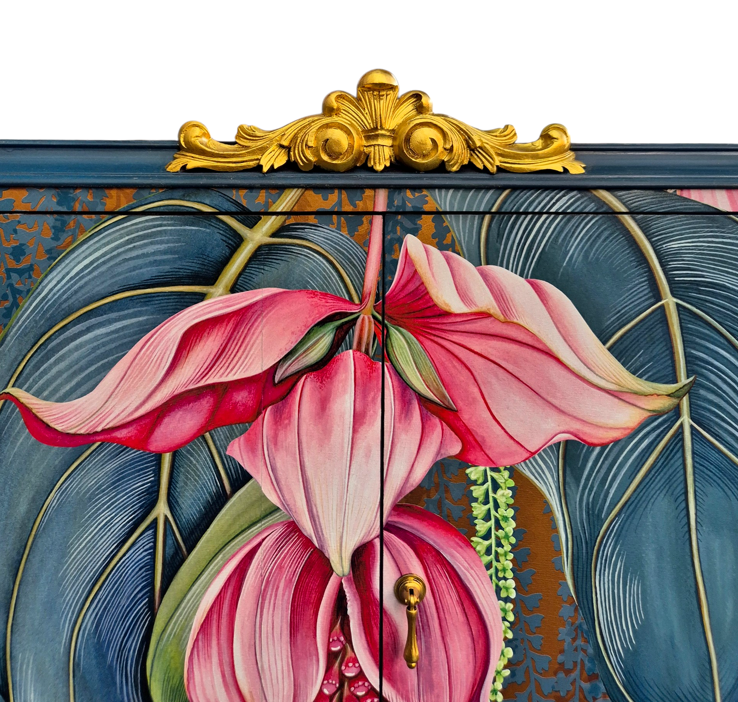 Luxury Upcycled Vintage Cocktail Cabinet with Metallic Trailing Orchid Decoupage