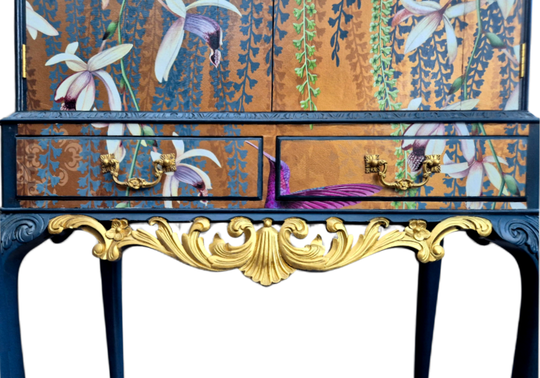 Luxury Upcycled Vintage Cocktail Cabinet with Metallic Trailing Orchid Decoupage