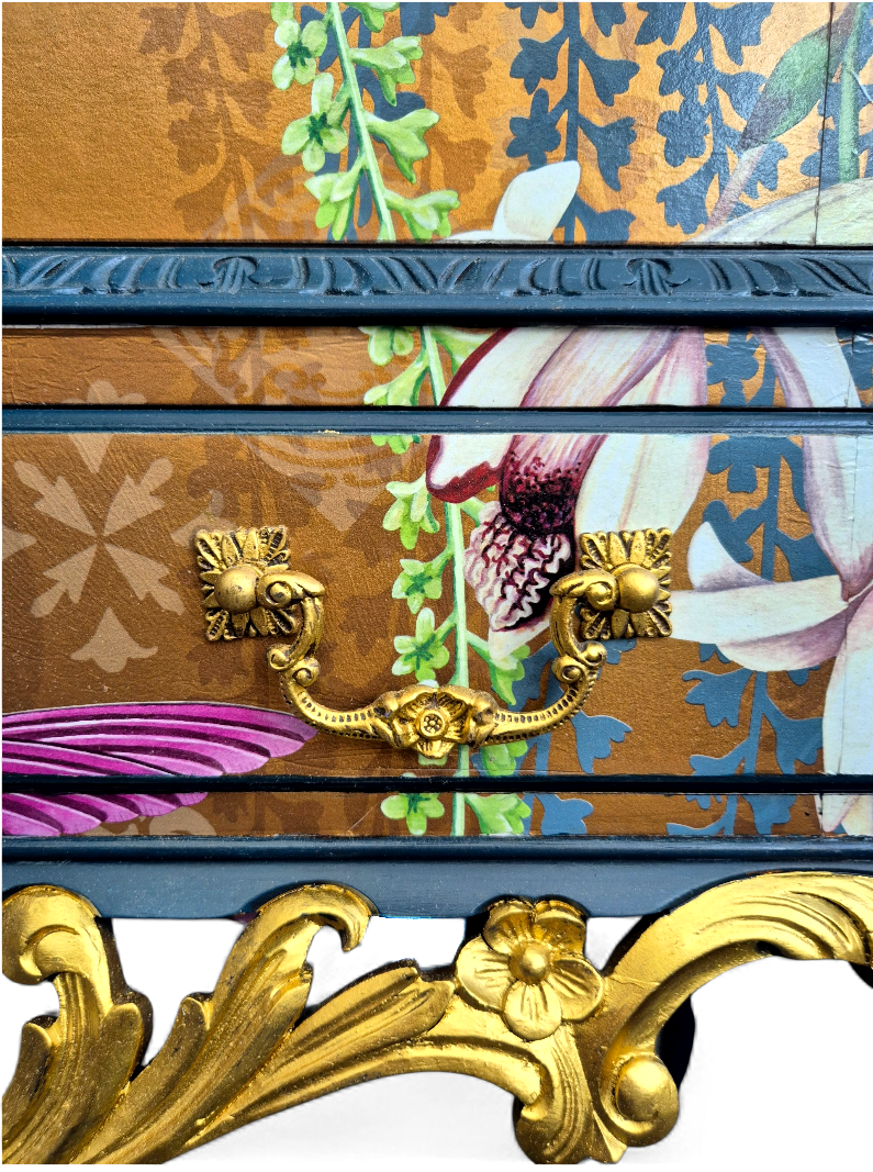 Luxury Upcycled Vintage Cocktail Cabinet with Metallic Trailing Orchid Decoupage