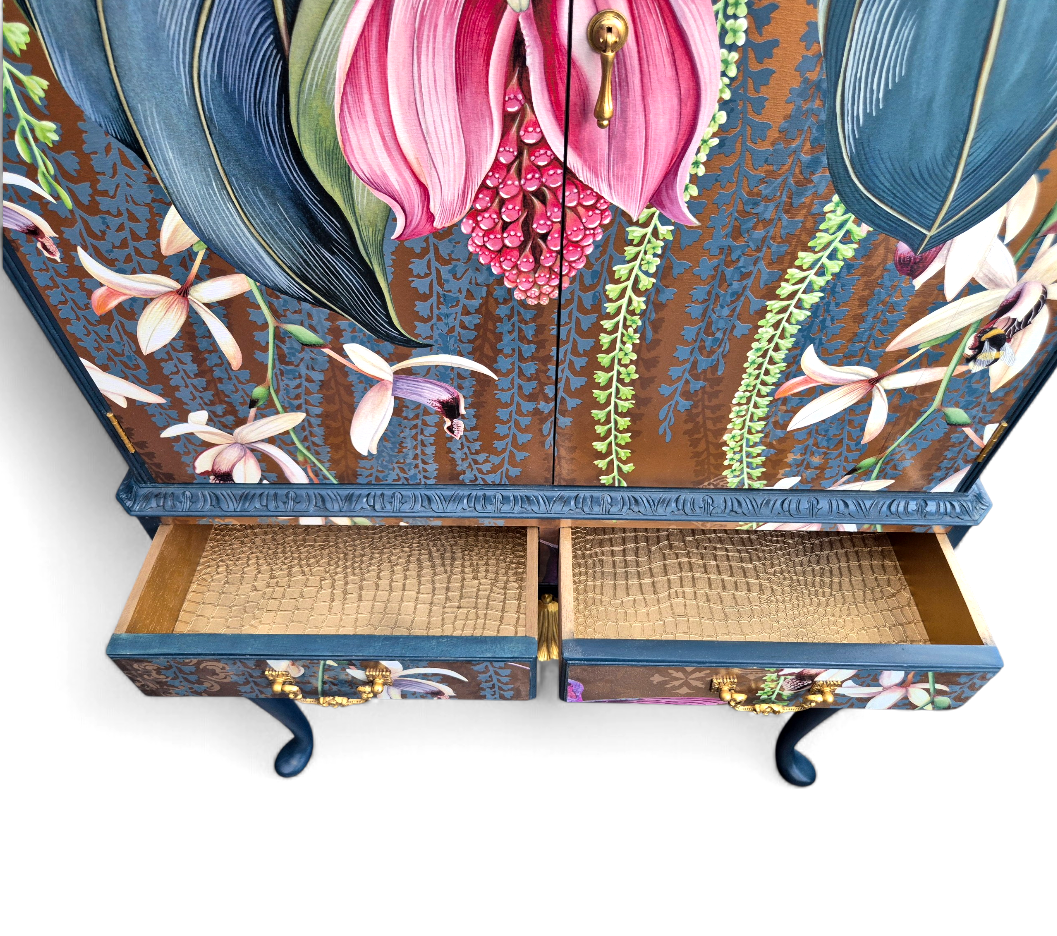 Luxury Upcycled Vintage Cocktail Cabinet with Metallic Trailing Orchid Decoupage