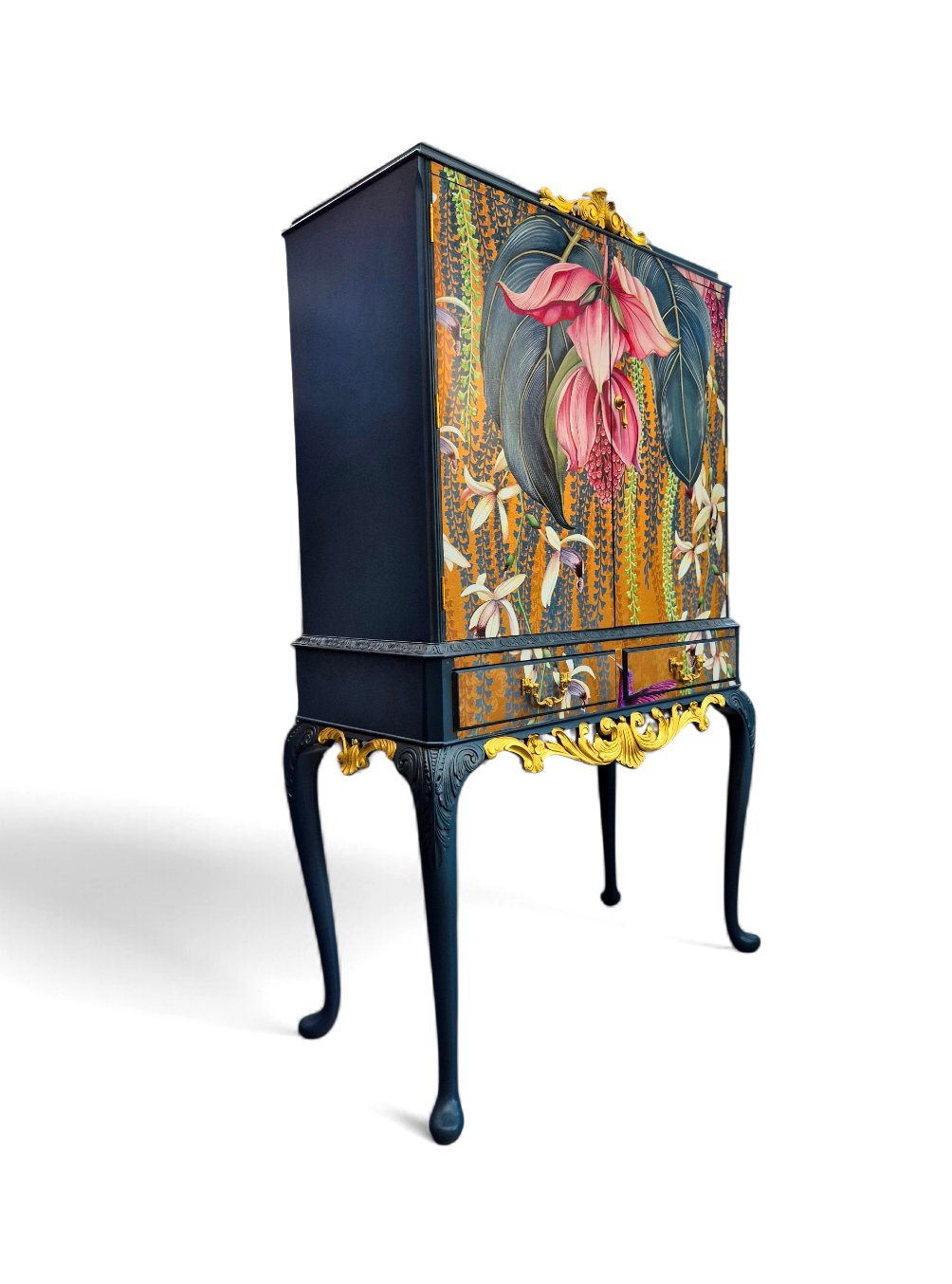 Luxury Upcycled Vintage Cocktail Cabinet with Metallic Trailing Orchid Decoupage