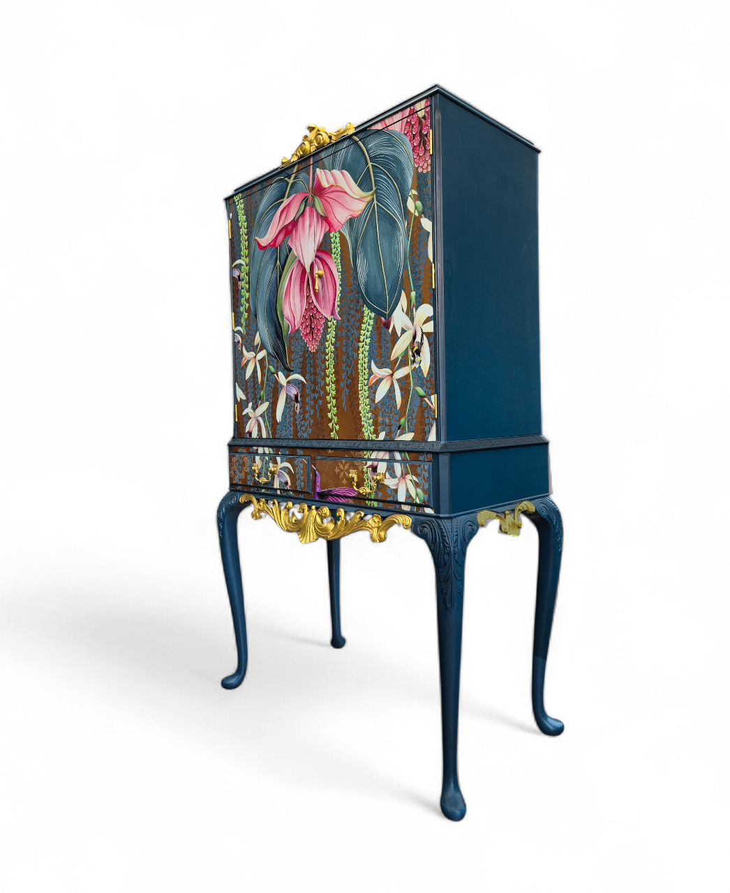 Luxury Upcycled Vintage Cocktail Cabinet with Metallic Trailing Orchid Decoupage