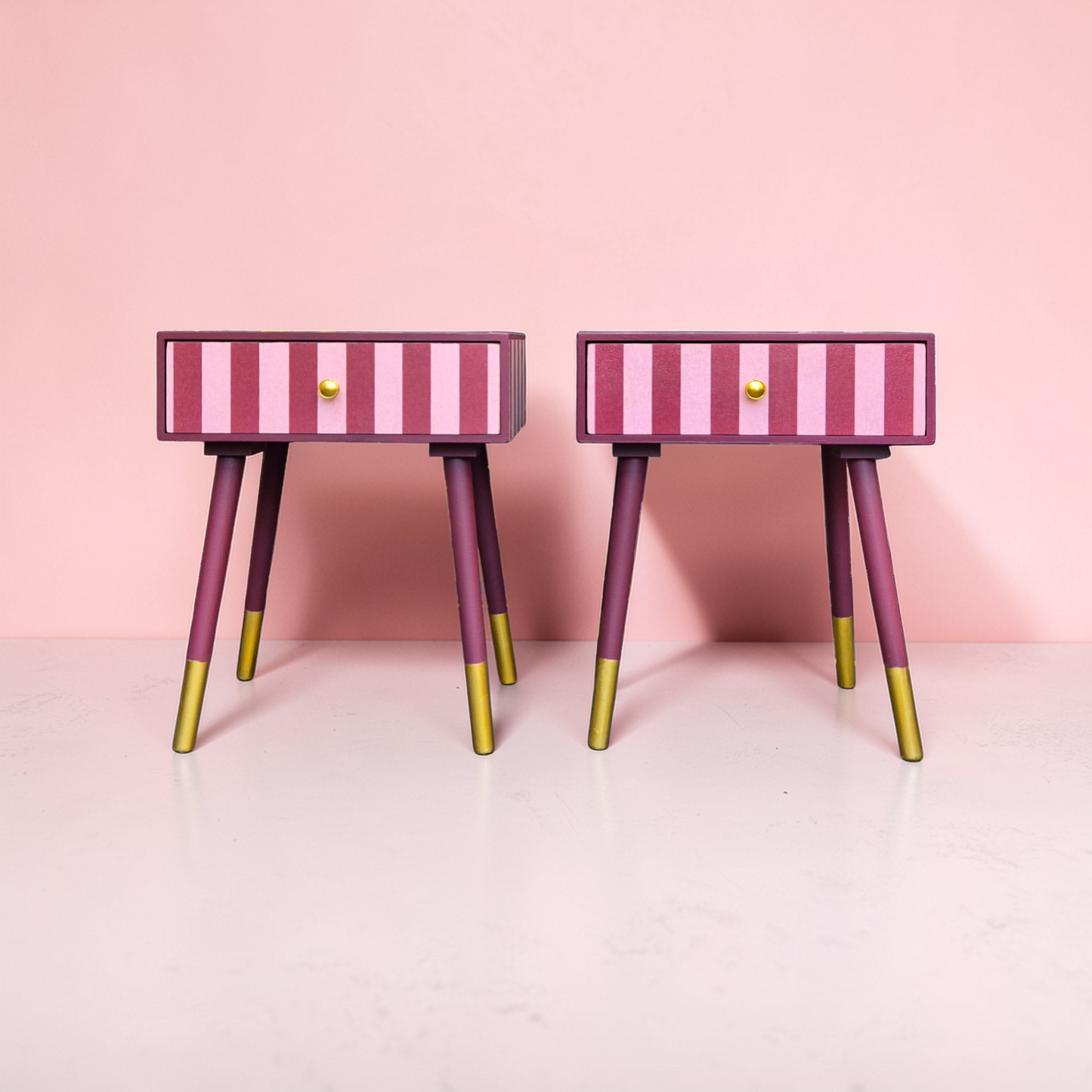 Pair of Luxury Upcycled Bedsides with Maroon Candy Stripe Decoupage