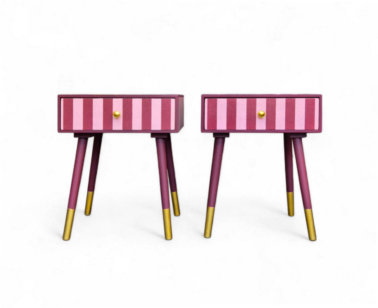 Pair of Luxury Upcycled Bedsides with Maroon Candy Stripe Decoupage