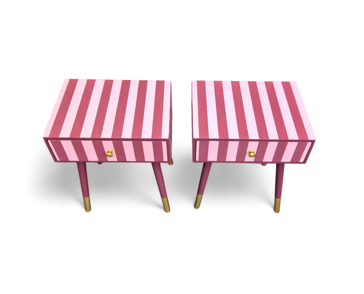 Pair of Luxury Upcycled Bedsides with Maroon Candy Stripe Decoupage