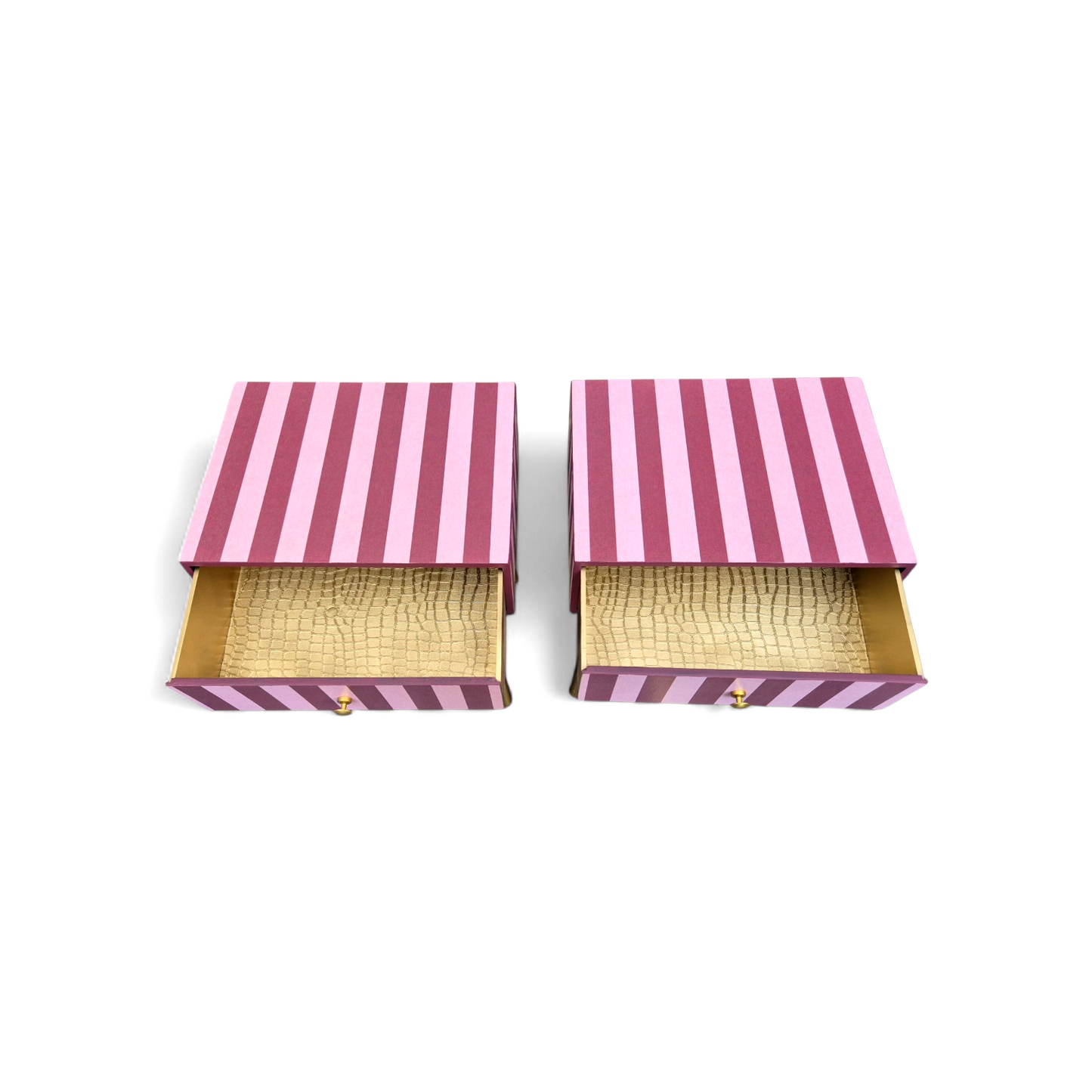 Pair of Luxury Upcycled Bedsides with Maroon Candy Stripe Decoupage