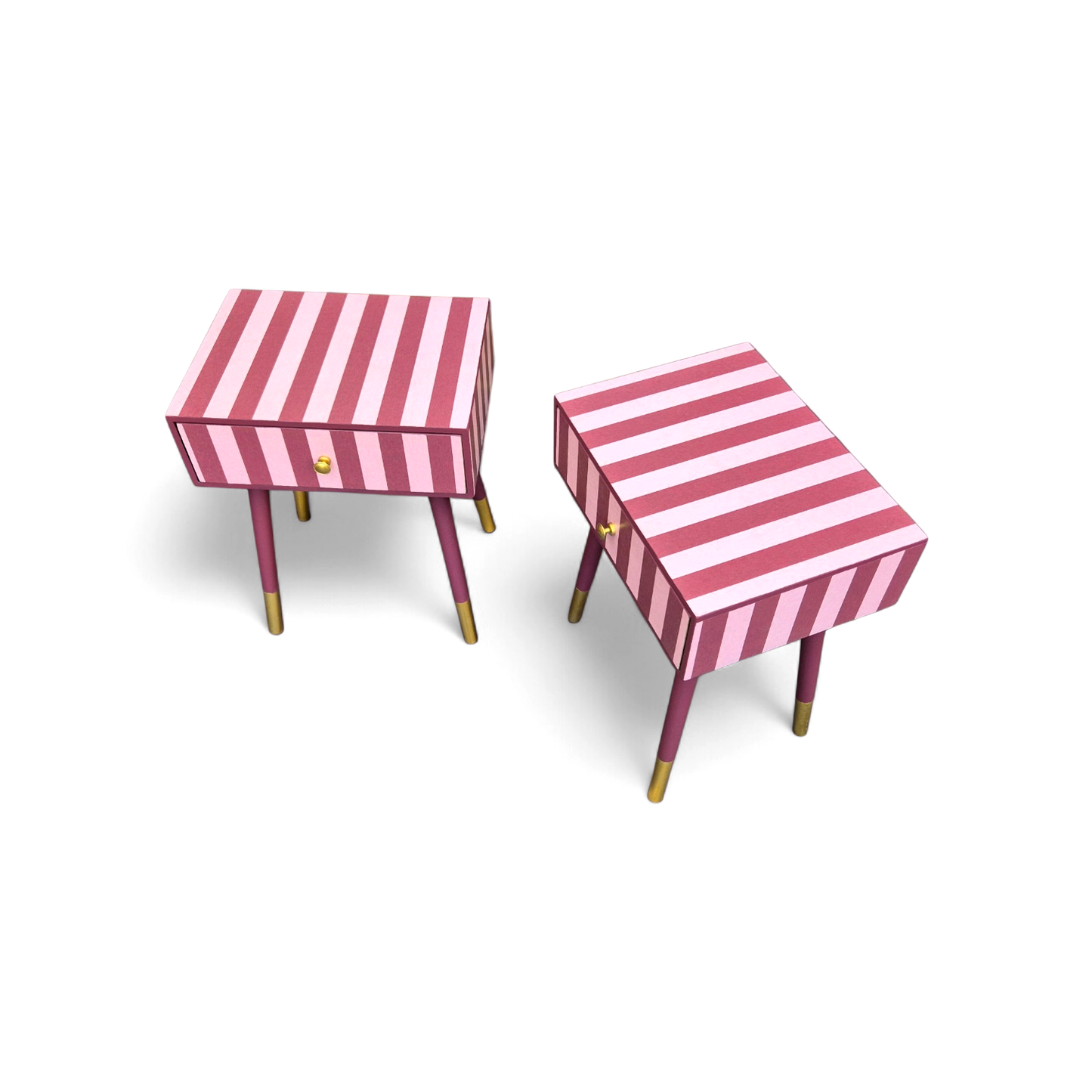 Pair of Luxury Upcycled Bedsides with Maroon Candy Stripe Decoupage