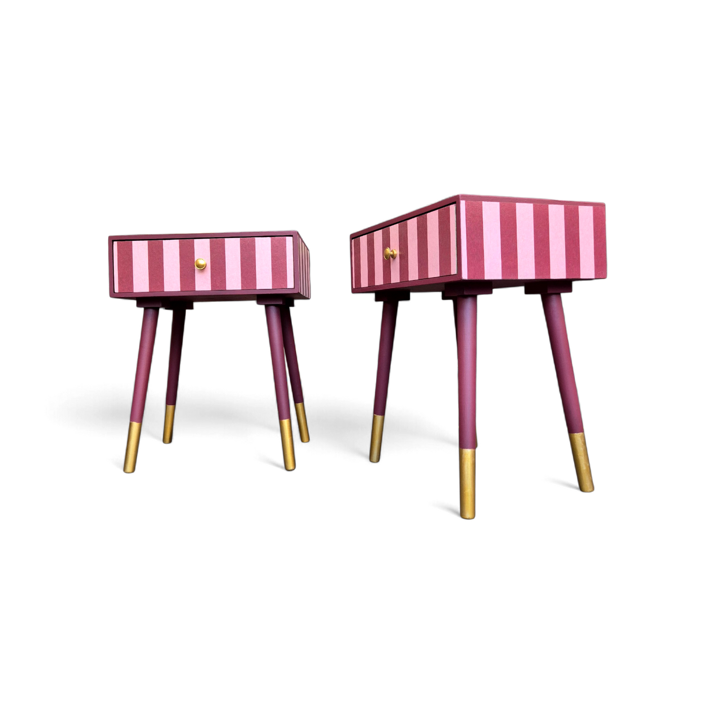 Pair of Luxury Upcycled Bedsides with Maroon Candy Stripe Decoupage