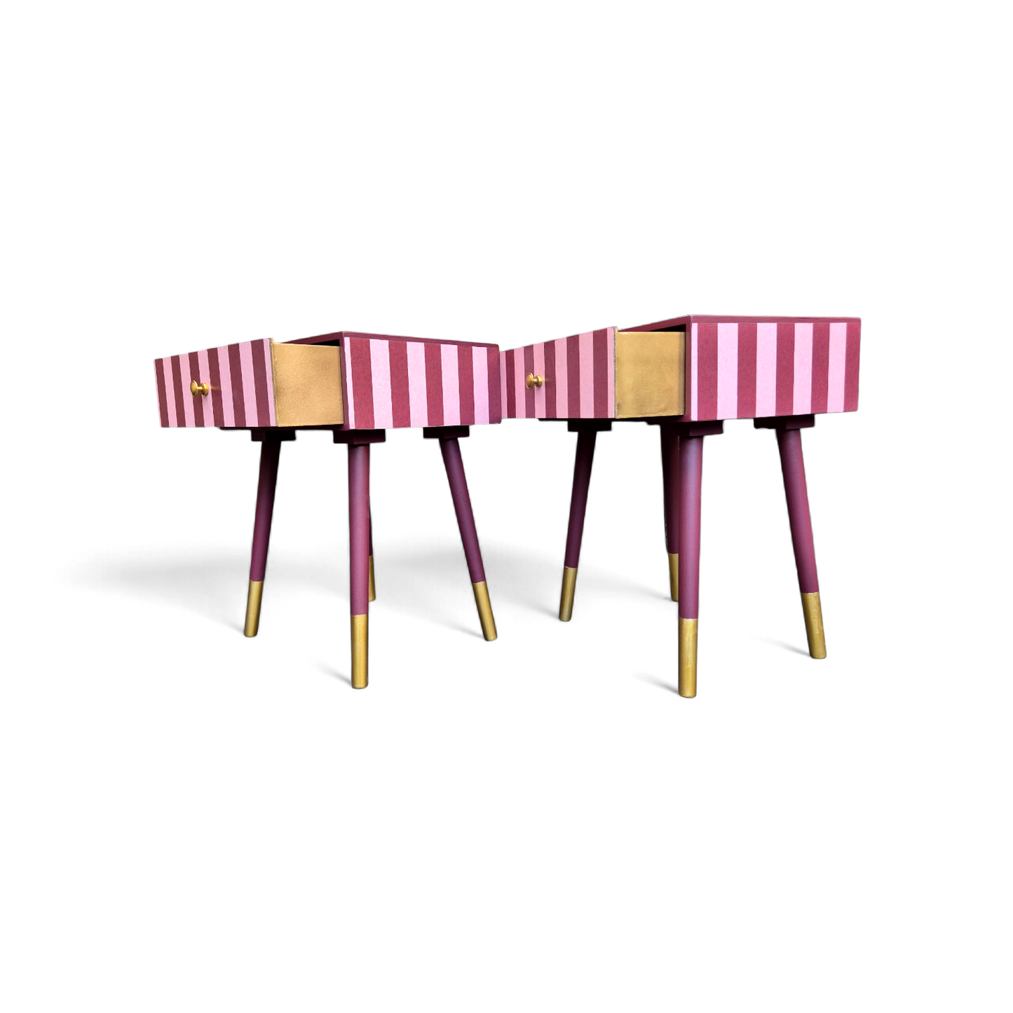 Pair of Luxury Upcycled Bedsides with Maroon Candy Stripe Decoupage