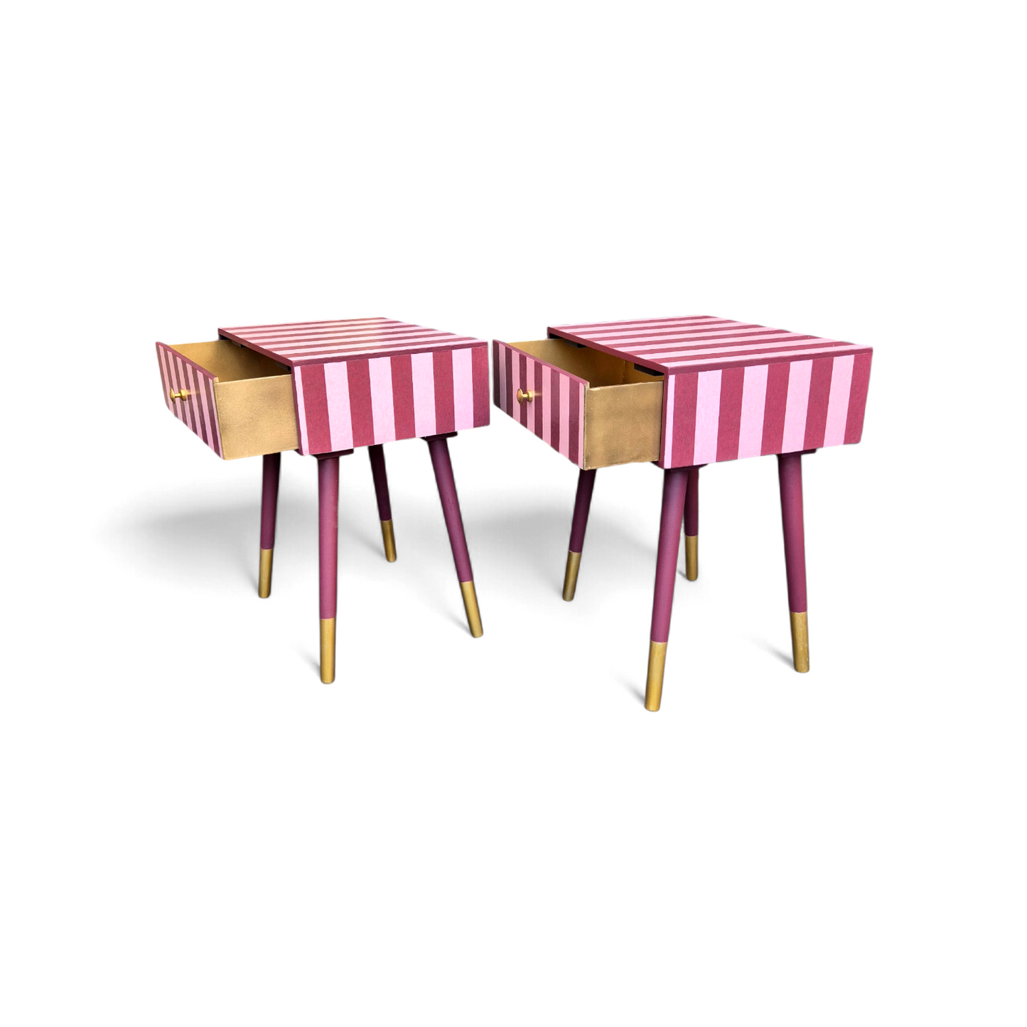 Pair of Luxury Upcycled Bedsides with Maroon Candy Stripe Decoupage