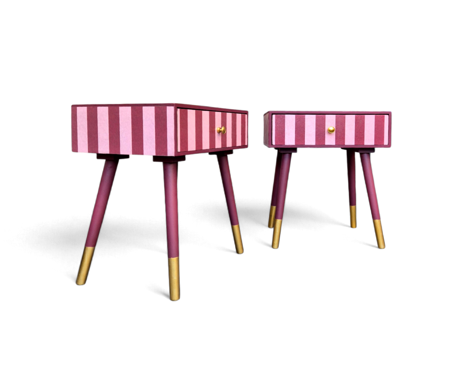 Pair of Luxury Upcycled Bedsides with Maroon Candy Stripe Decoupage