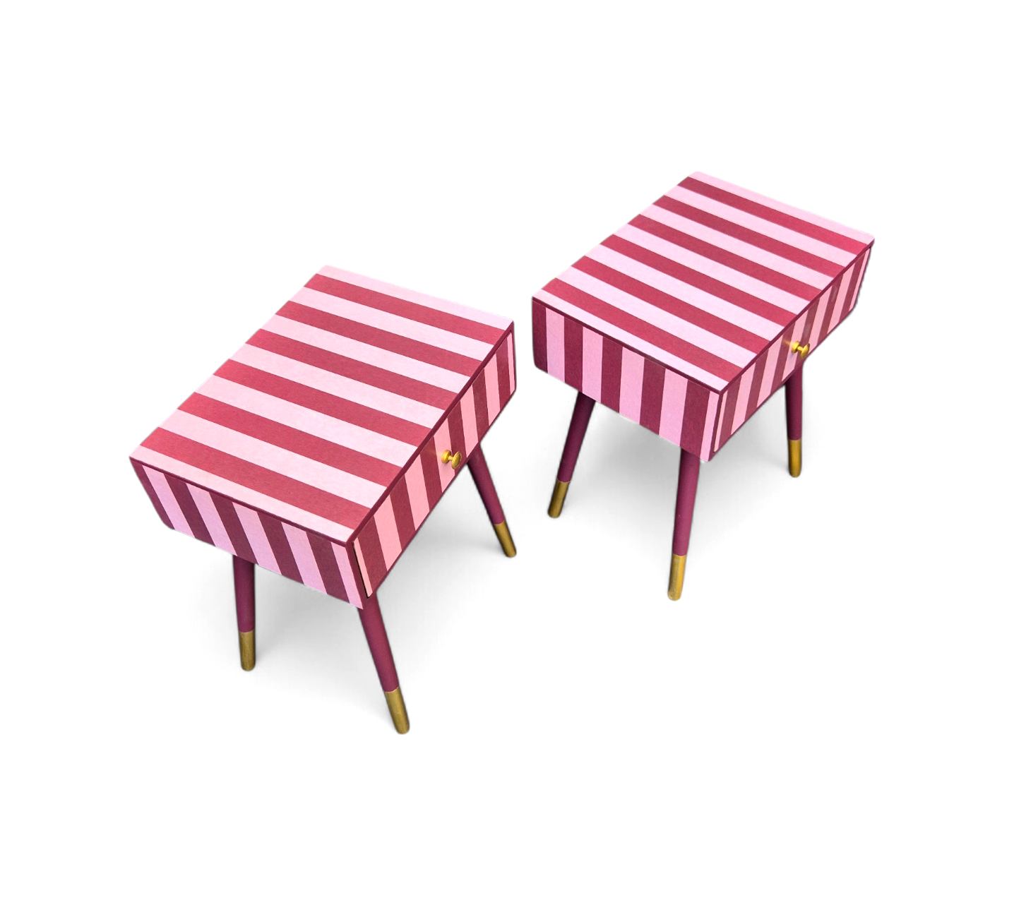 Pair of Luxury Upcycled Bedsides with Maroon Candy Stripe Decoupage