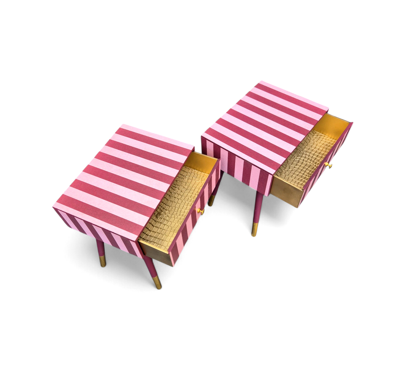 Pair of Luxury Upcycled Bedsides with Maroon Candy Stripe Decoupage
