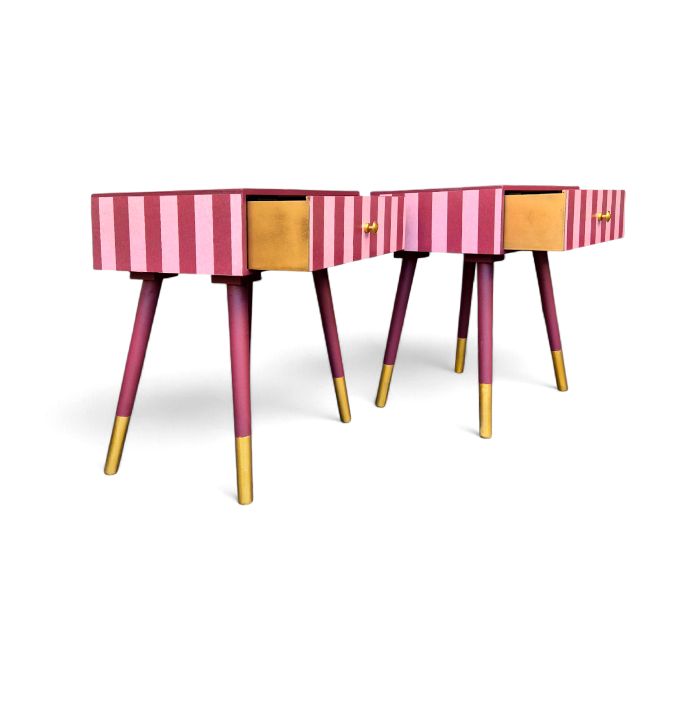 Pair of Luxury Upcycled Bedsides with Maroon Candy Stripe Decoupage