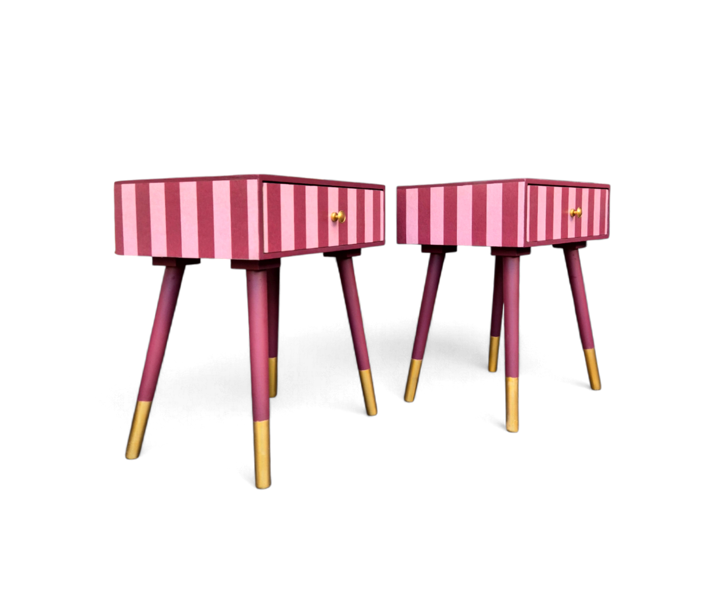 Pair of Luxury Upcycled Bedsides with Maroon Candy Stripe Decoupage