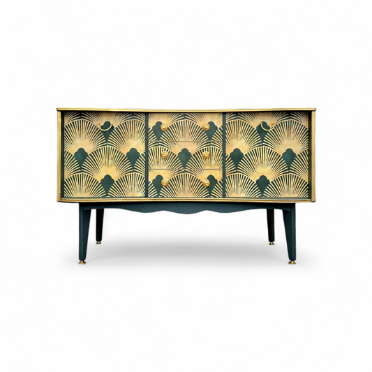 Luxury Upcycled Mid Century Vintage Sideboard / Cocktail with Art Deco Decoupage