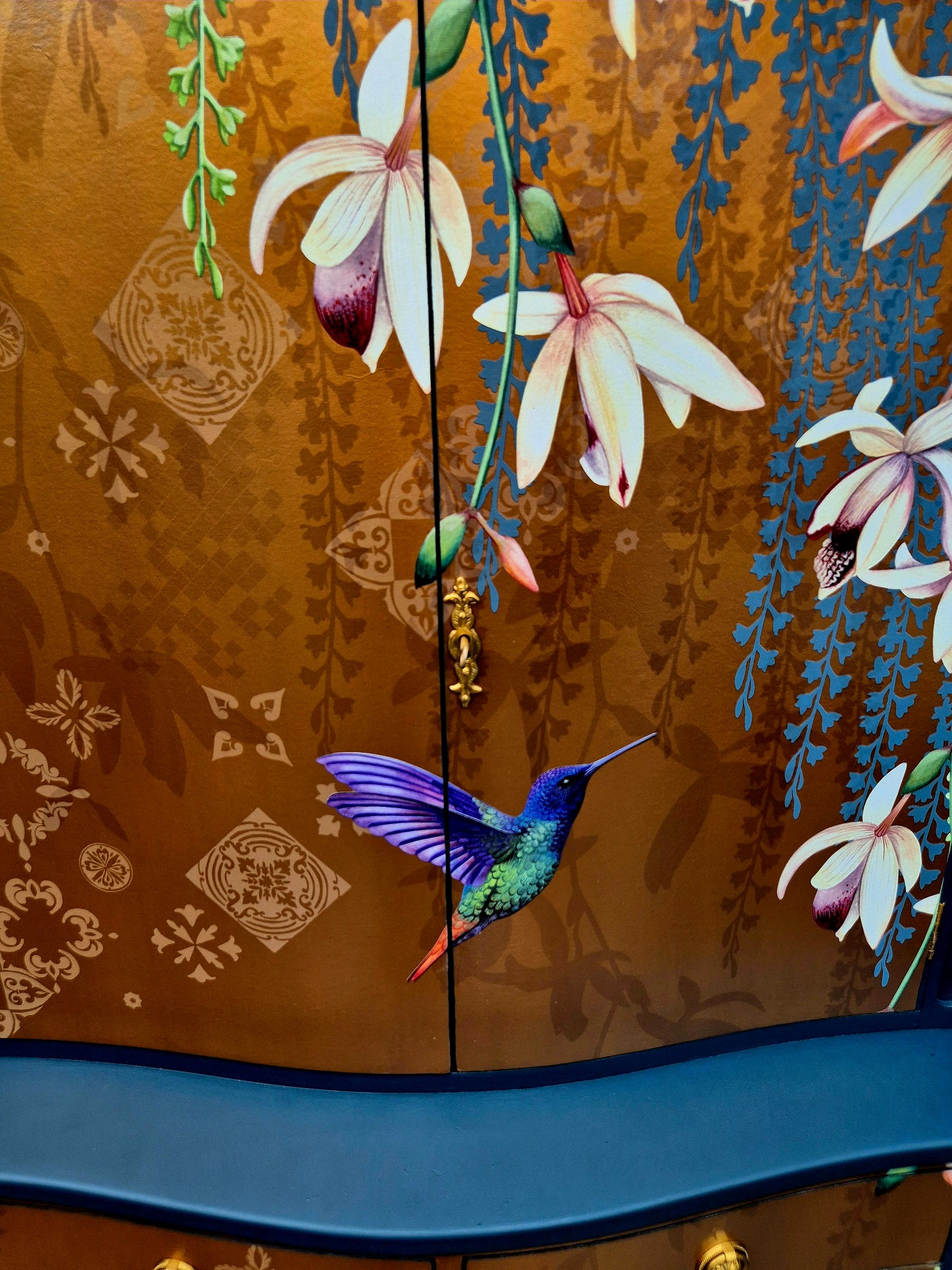 Luxury Upcycled Vintage Cocktail Cabinet with Gold Metallic Trailing Orchid Decoupage