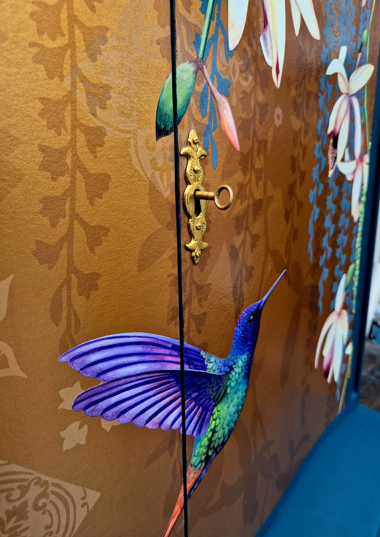 Luxury Upcycled Vintage Cocktail Cabinet with Gold Metallic Trailing Orchid Decoupage