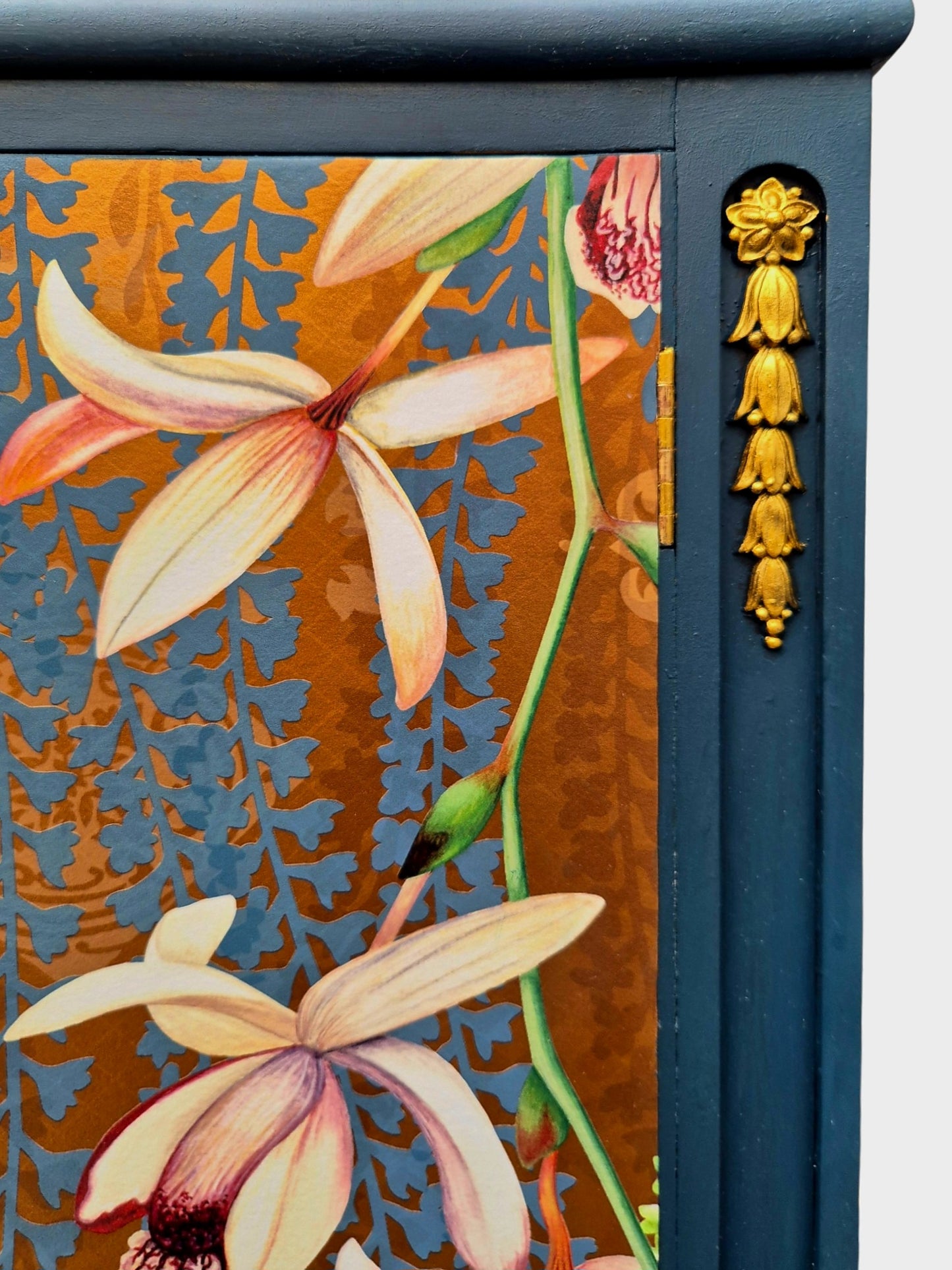 Luxury Upcycled Vintage Cocktail Cabinet with Gold Metallic Trailing Orchid Decoupage