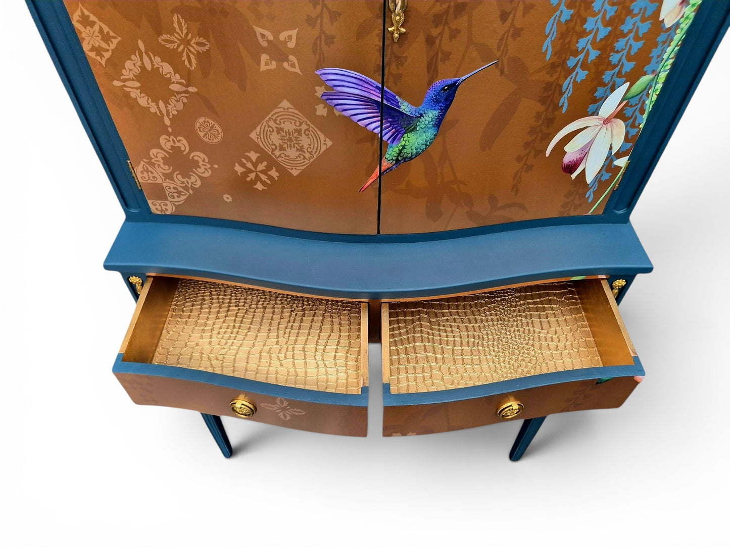 Luxury Upcycled Vintage Cocktail Cabinet with Gold Metallic Trailing Orchid Decoupage