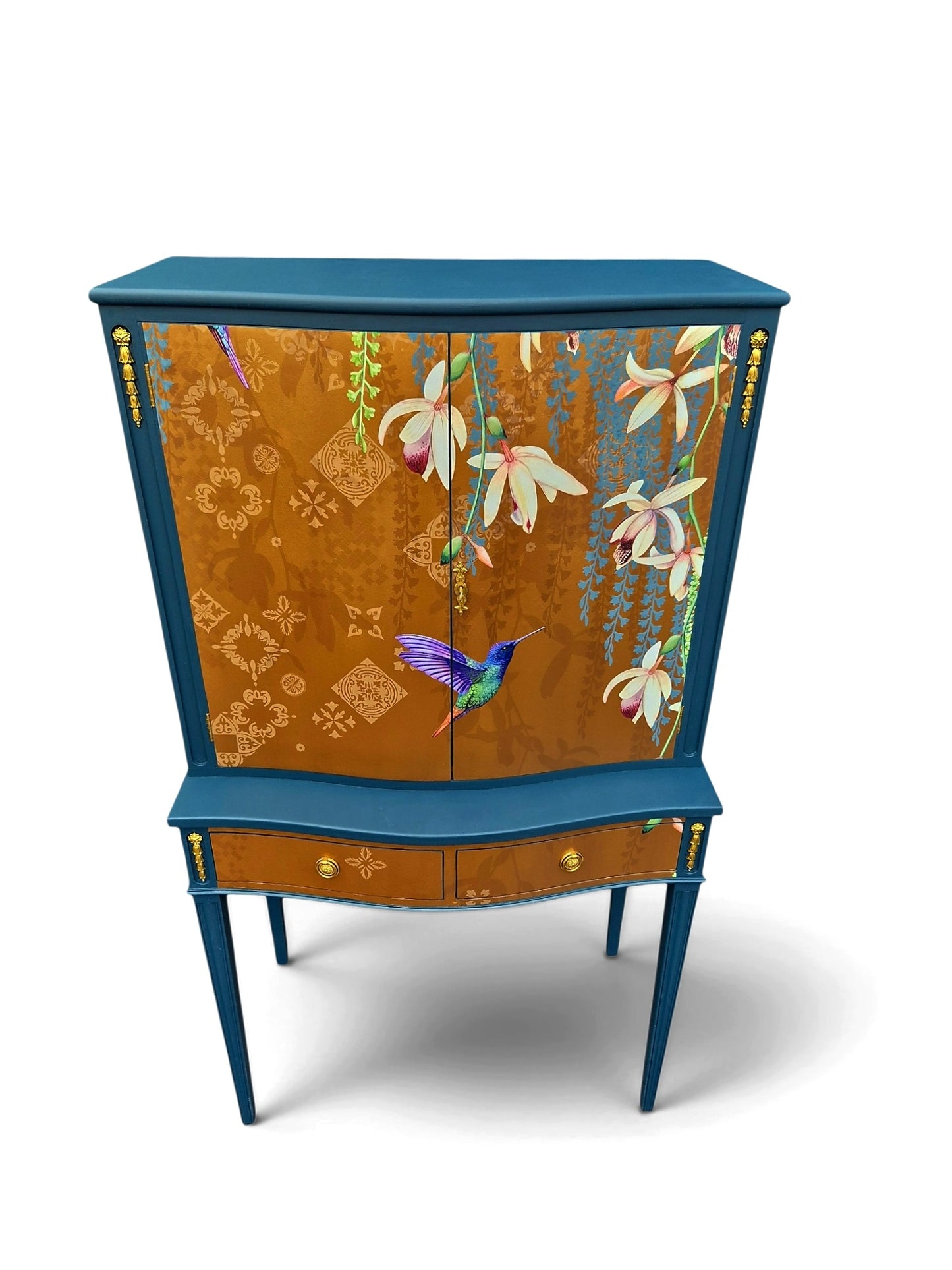 Luxury Upcycled Vintage Cocktail Cabinet with Gold Metallic Trailing Orchid Decoupage