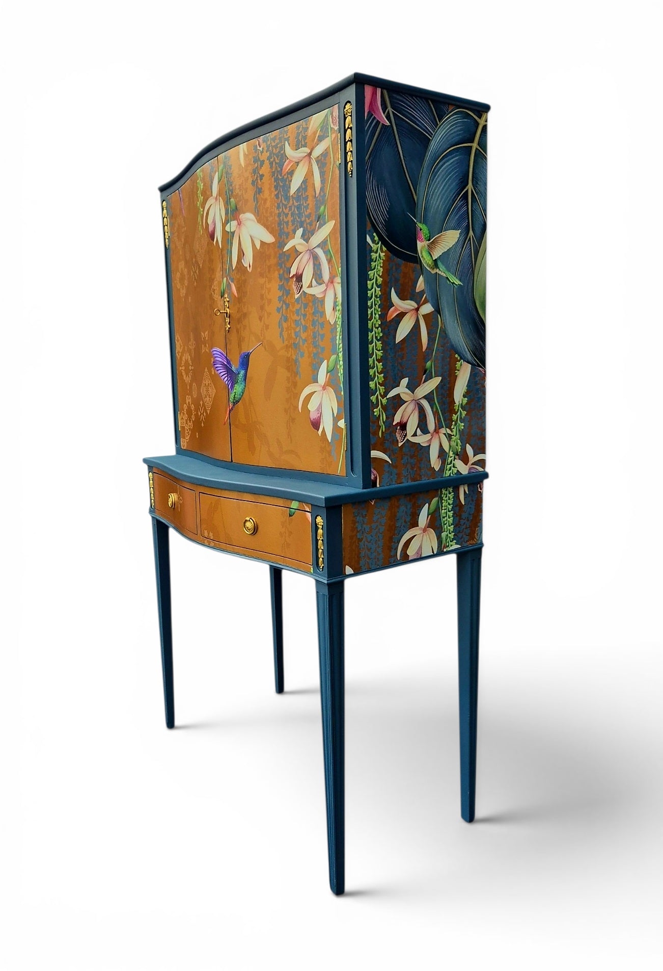 Luxury Upcycled Vintage Cocktail Cabinet with Gold Metallic Trailing Orchid Decoupage