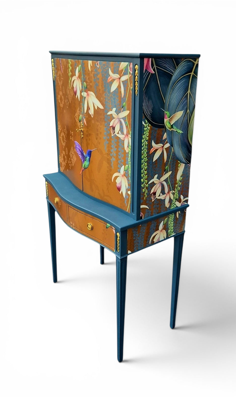 Luxury Upcycled Vintage Cocktail Cabinet with Gold Metallic Trailing Orchid Decoupage