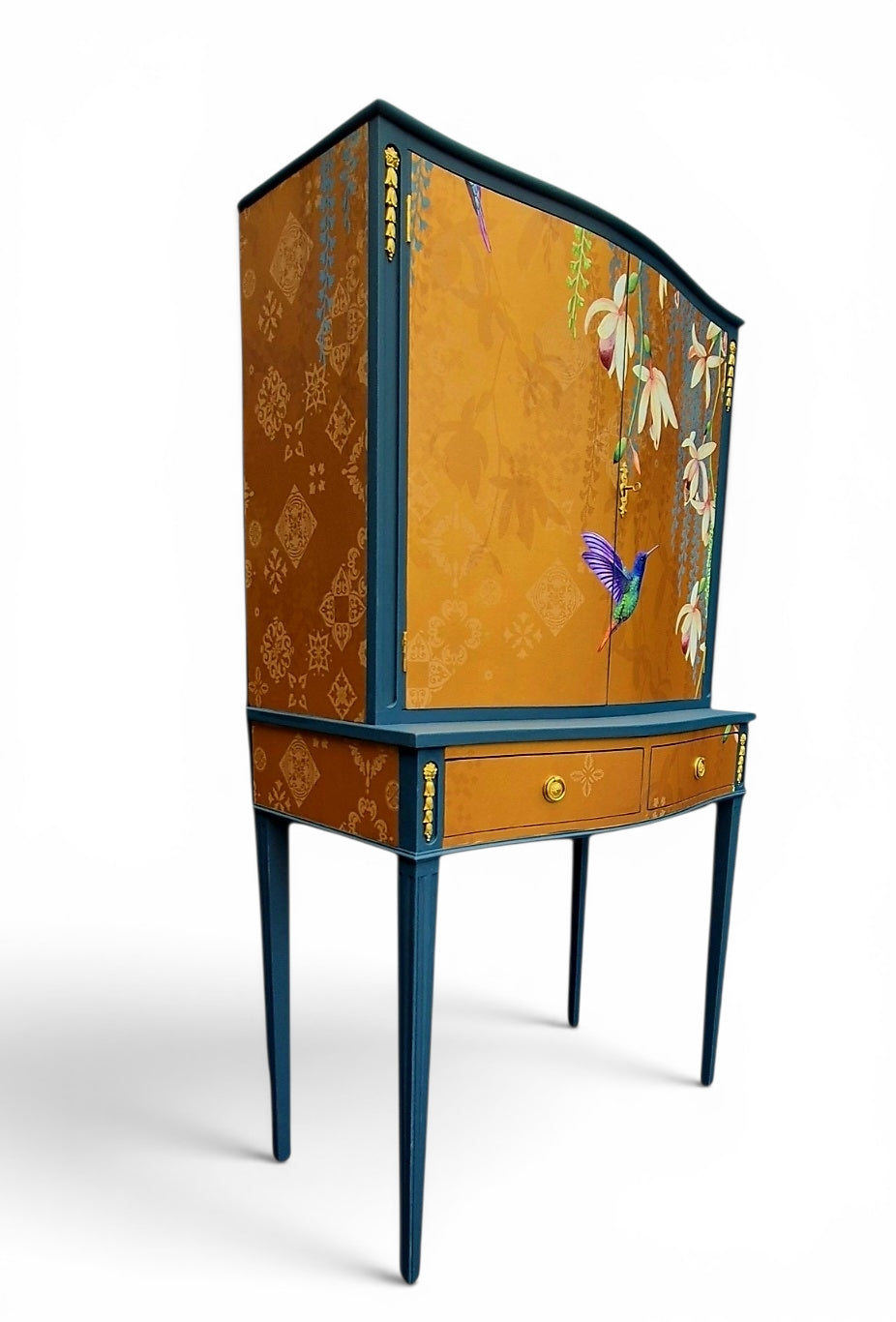 Luxury Upcycled Vintage Cocktail Cabinet with Gold Metallic Trailing Orchid Decoupage