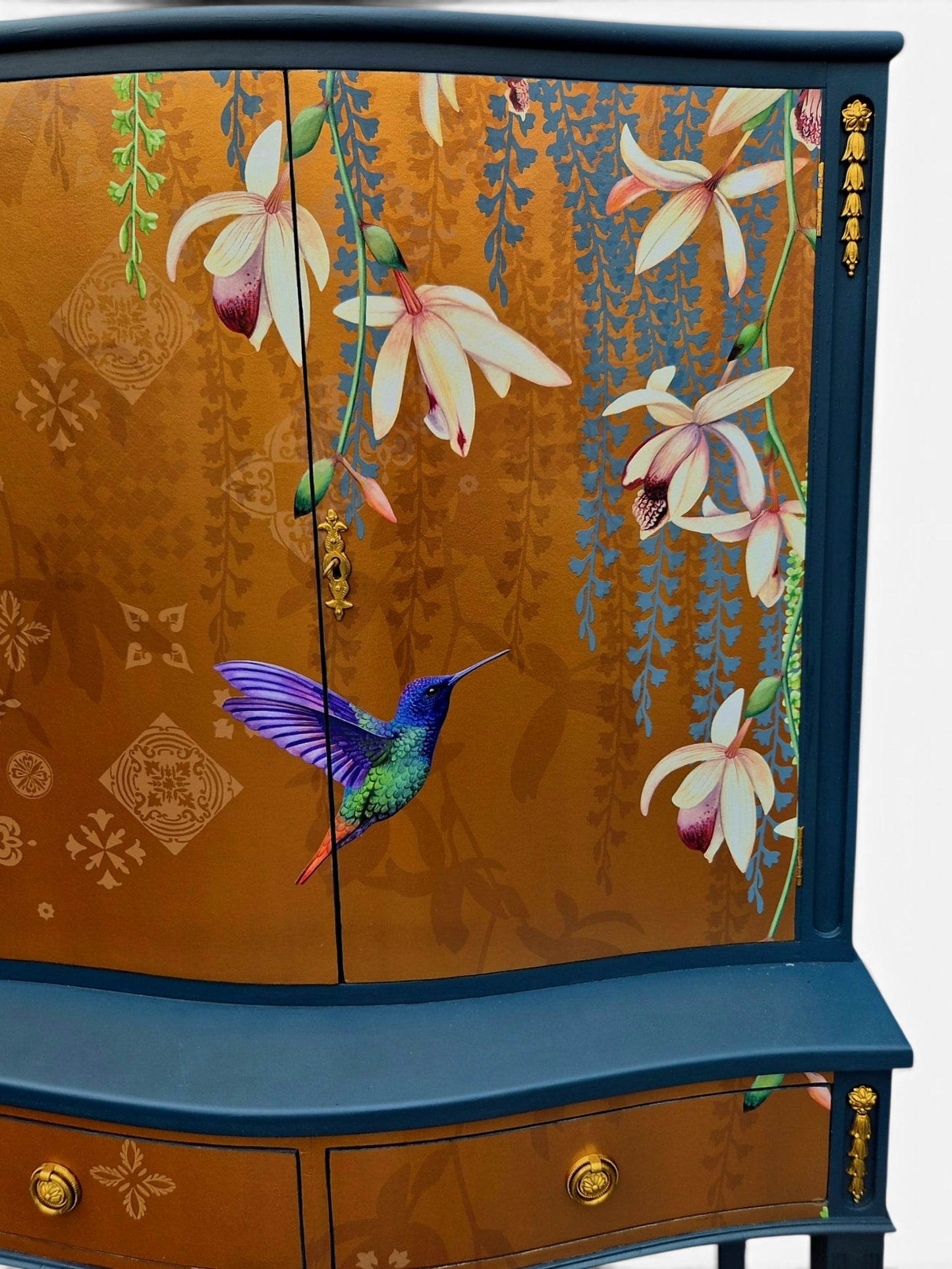 Luxury Upcycled Vintage Cocktail Cabinet with Gold Metallic Trailing Orchid Decoupage