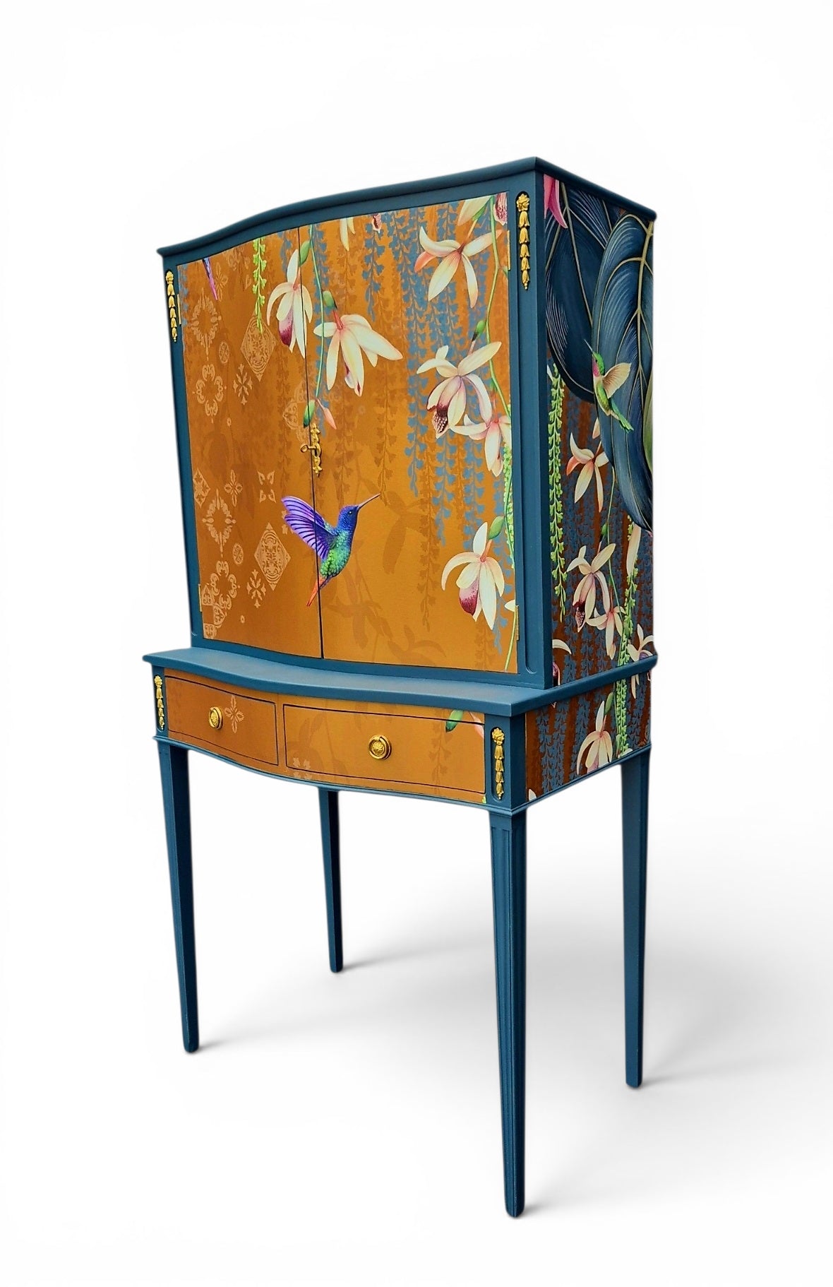 Luxury Upcycled Vintage Cocktail Cabinet with Gold Metallic Trailing Orchid Decoupage
