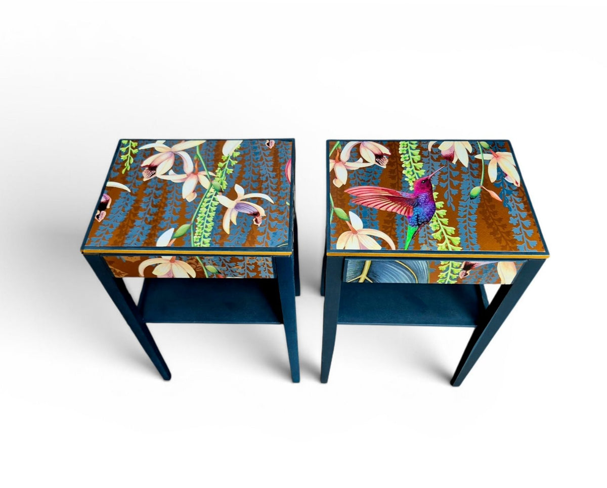 Pair of Luxury Upcycled Bedsides with Metallic Trailing Orchid Decoupage